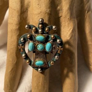 Unique Heart and Cross faux turquoise, copper, & silver stretch ring size 7+